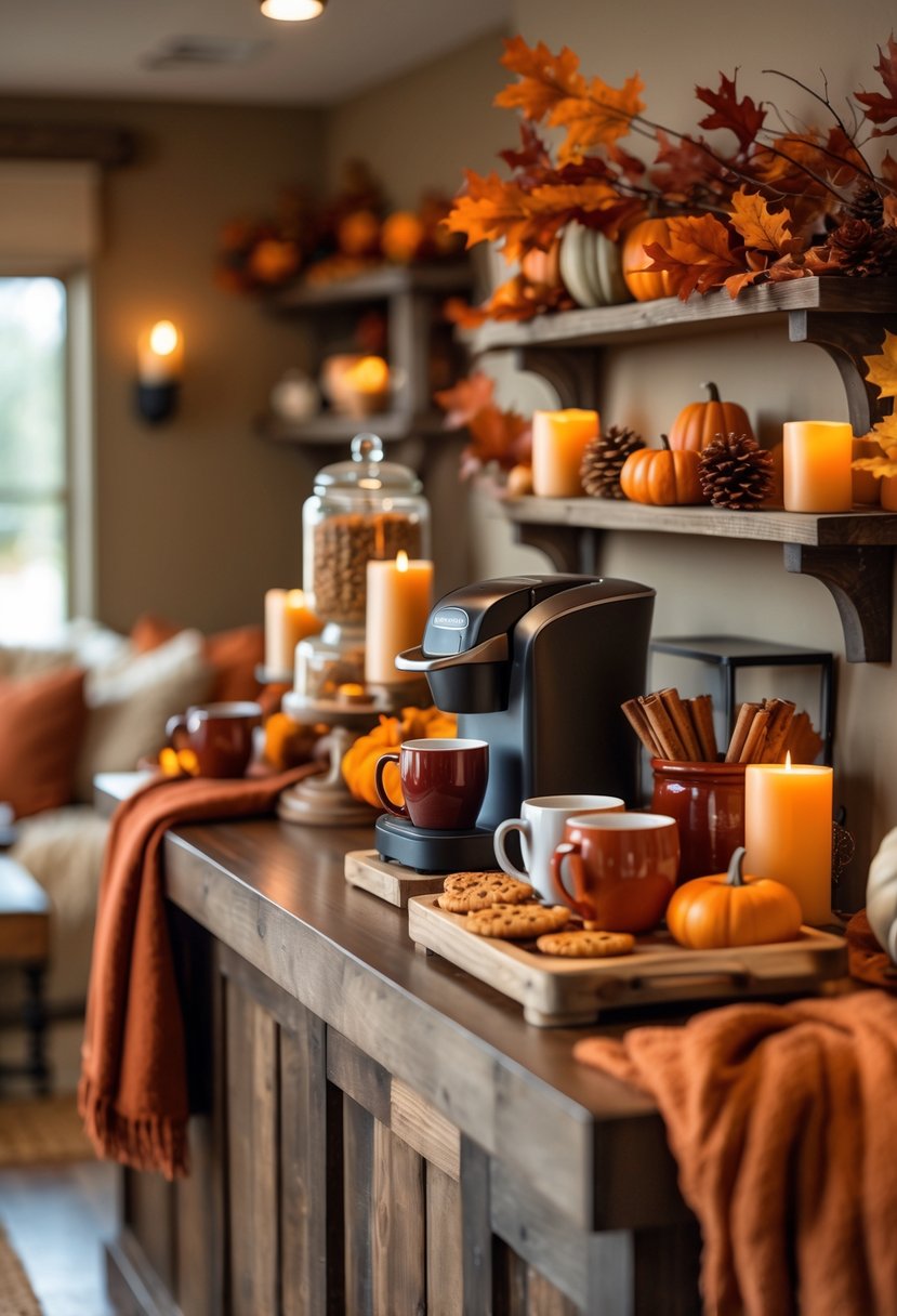 22 Cozy Fall Coffee Bar Ideas To Warm Up Your Home 3 A cozy coffee bar decorated with warm orange and red tones, featuring a coffee maker, mugs, candles, and autumn-themed decorations.