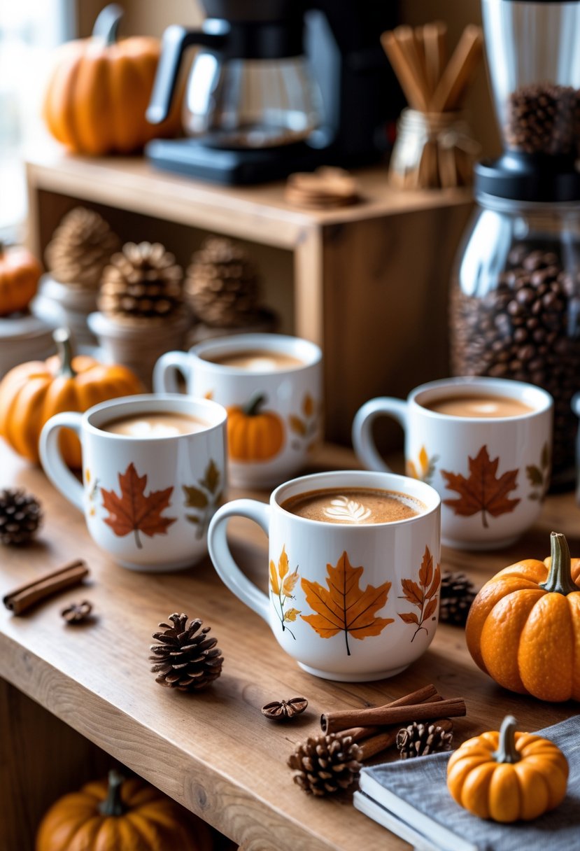 22 Cozy Fall Coffee Bar Ideas To Warm Up Your Home 4 A cozy coffee bar with autumn-themed mugs and fall decorations on a wooden countertop.