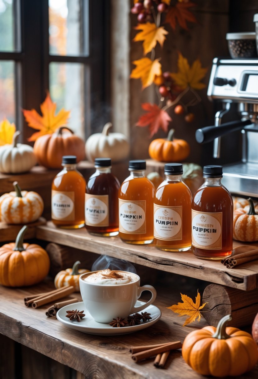 22 Cozy Fall Coffee Bar Ideas To Warm Up Your Home 5 A cozy fall coffee bar with pumpkin spice syrups, a steaming cup of coffee topped with whipped cream, small pumpkins, and autumn decorations on a wooden countertop.