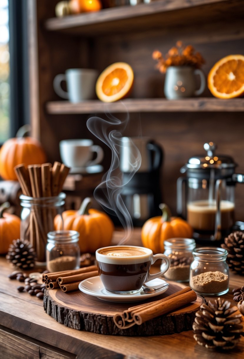 22 Cozy Fall Coffee Bar Ideas To Warm Up Your Home 6 A cozy fall coffee bar with cinnamon sticks, nutmeg jars, a steaming cup of coffee, and autumn decorations on a wooden countertop.