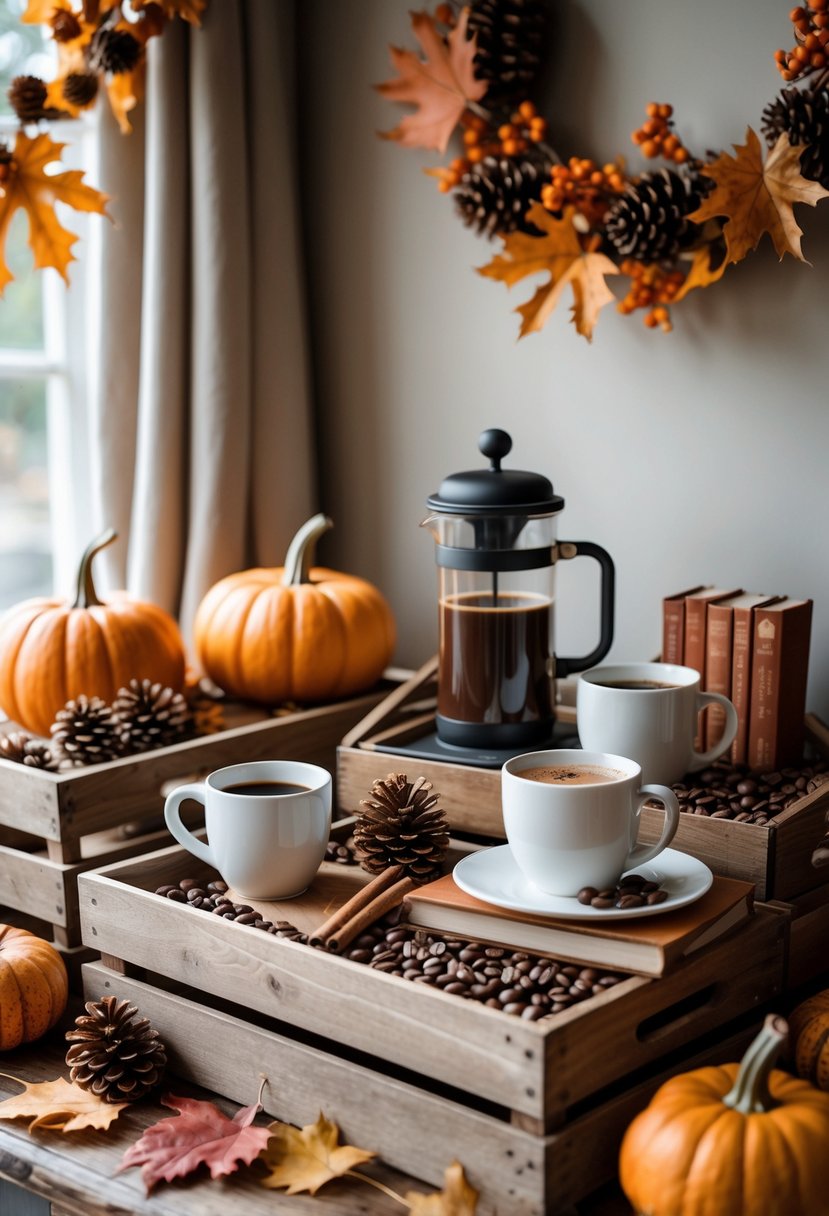22 Cozy Fall Coffee Bar Ideas To Warm Up Your Home 8 A cozy coffee bar with wooden trays and crates holding coffee mugs, a French press, pumpkins, and autumn decorations.
