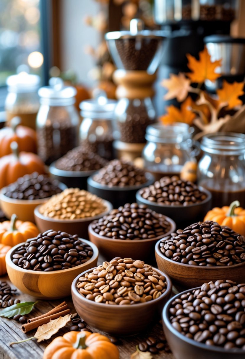 22 Cozy Fall Coffee Bar Ideas To Warm Up Your Home 9 A cozy fall coffee bar displaying various coffee beans from light to dark roast in wooden bowls and glass jars with autumn decorations around them.