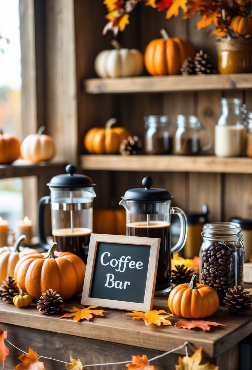 22 Cozy Fall Coffee Bar Ideas To Warm Up Your Home 10 A small cozy coffee bar decorated with fall-themed items including pumpkins and leaves, featuring a small blank chalkboard on the counter.