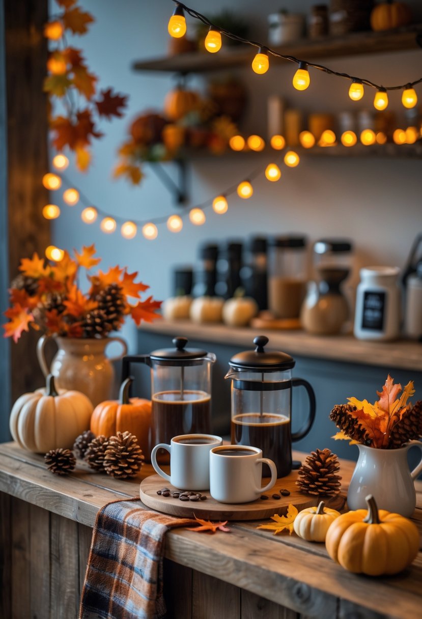 22 Cozy Fall Coffee Bar Ideas To Warm Up Your Home 11 A cozy fall coffee bar with warm string lights, wooden countertop, mugs of steaming coffee, and autumn decorations like pumpkins and leaves.