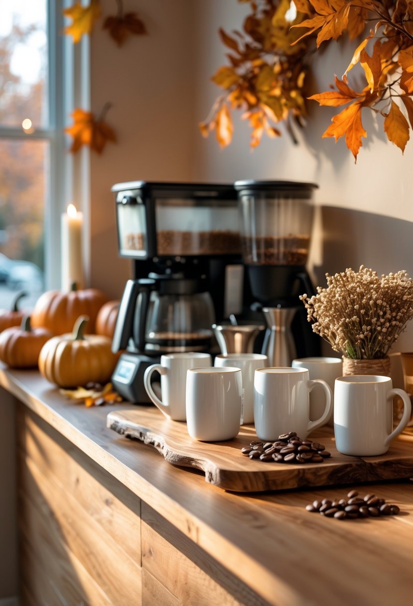22 Cozy Fall Coffee Bar Ideas To Warm Up Your Home 13 A cozy fall coffee bar with a wooden counter, coffee maker, mugs, and a small plant or dried flowers, decorated with autumn leaves and pumpkins.