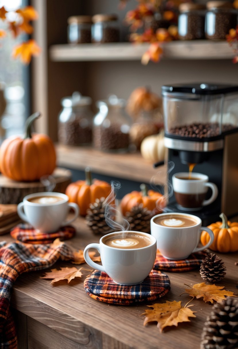 22 Cozy Fall Coffee Bar Ideas To Warm Up Your Home 14 A cozy fall coffee bar with mugs on plaid and knitted coasters surrounded by autumn decorations on a wooden countertop.