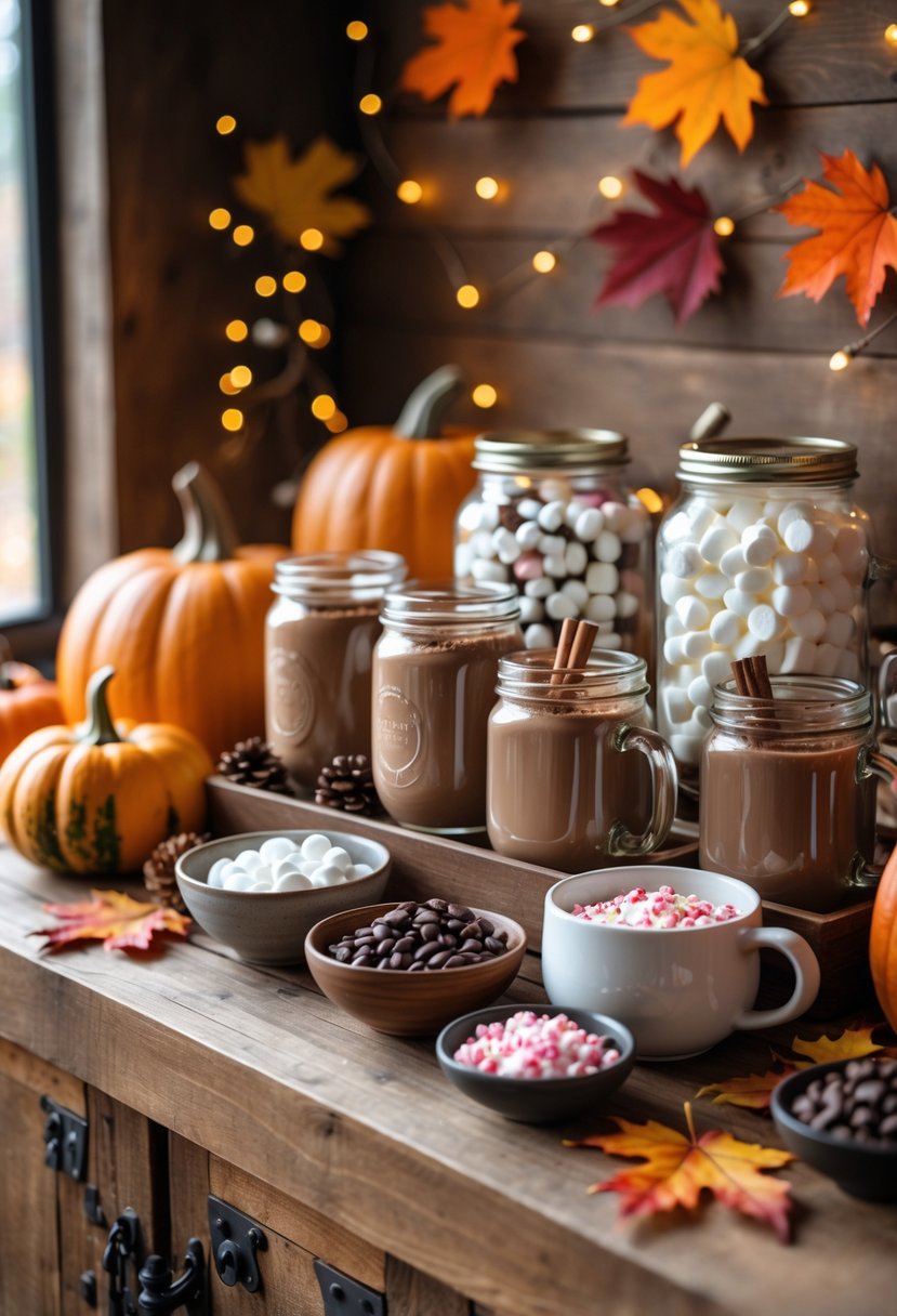 22 Cozy Fall Coffee Bar Ideas To Warm Up Your Home 16 A cozy fall coffee bar with a hot chocolate mix station featuring jars of ingredients, mugs, and autumn decorations like pumpkins and leaves.