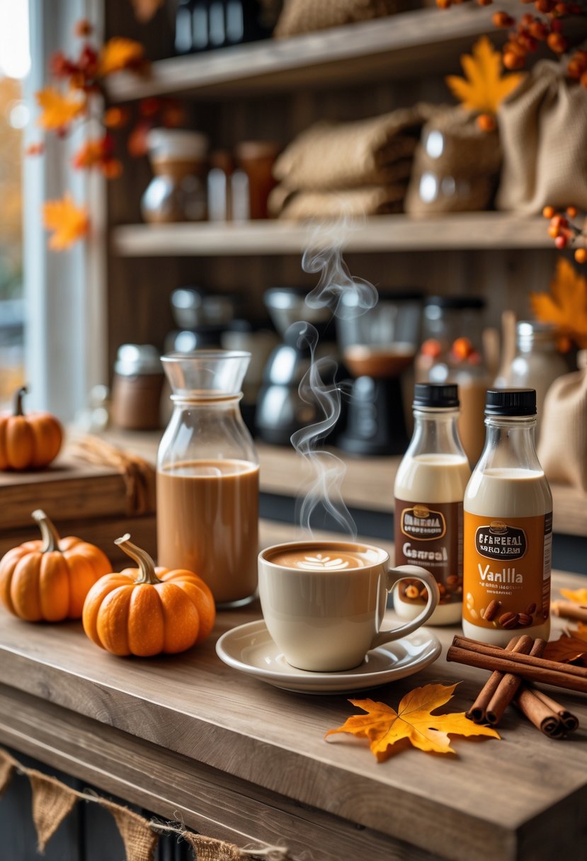 22 Cozy Fall Coffee Bar Ideas To Warm Up Your Home 17 A cozy fall coffee bar with pumpkins, autumn leaves, bottles of caramel and vanilla creamer, and a steaming cup of coffee on a wooden countertop.