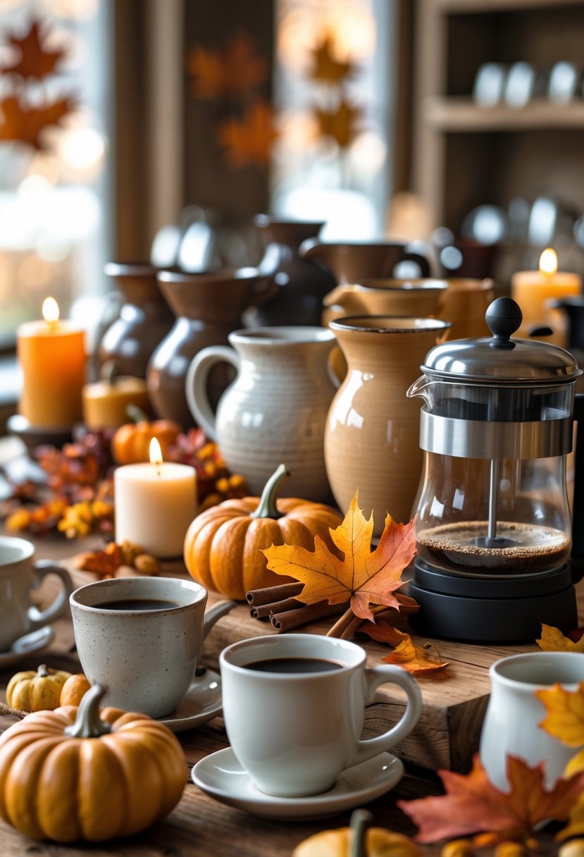 22 Cozy Fall Coffee Bar Ideas To Warm Up Your Home 18 A cozy coffee bar with ceramic and stoneware coffee pots surrounded by fall decorations like pumpkins and leaves.