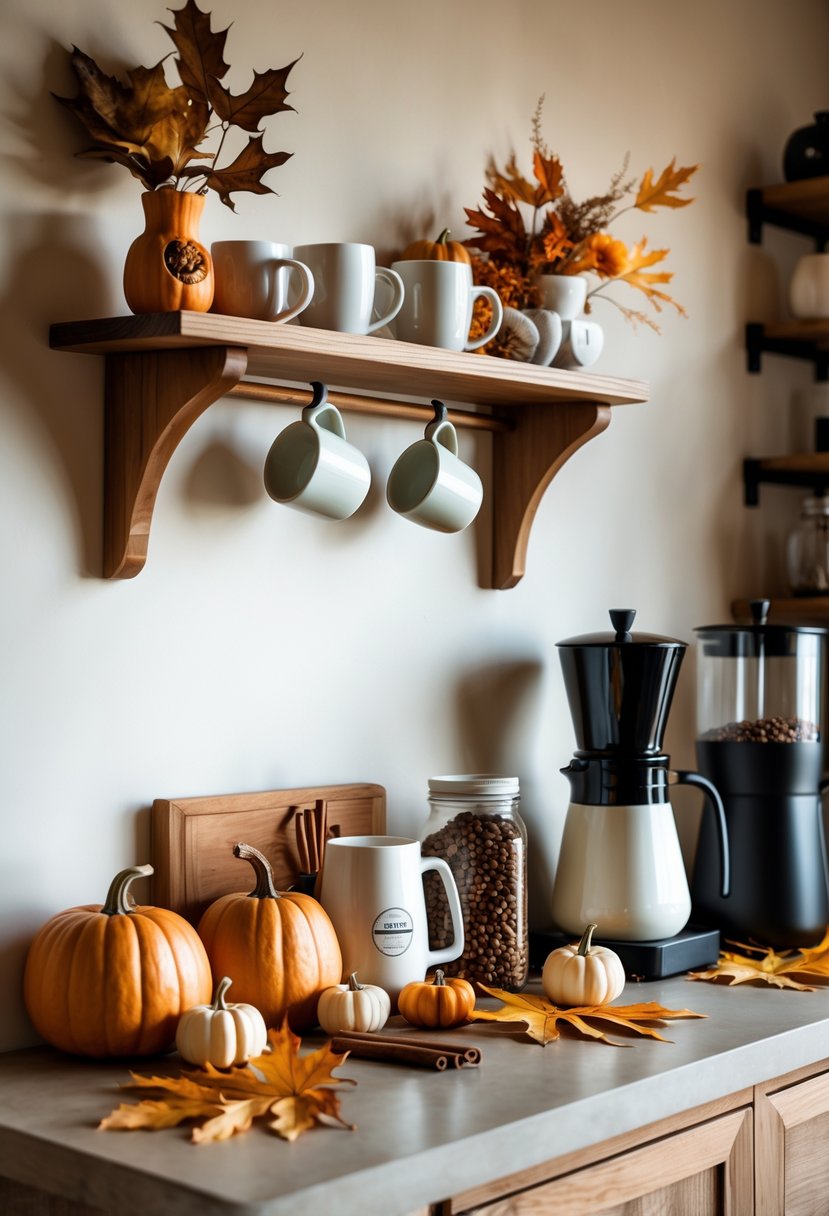 22 Cozy Fall Coffee Bar Ideas To Warm Up Your Home 19 A cozy coffee bar with a small shelf holding mugs and accessories, surrounded by fall decorations like pumpkins and dried leaves.