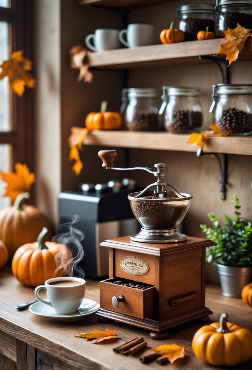 22 Cozy Fall Coffee Bar Ideas To Warm Up Your Home 20 A cozy coffee bar with a vintage coffee grinder, a steaming cup of coffee, autumn decorations, and wooden shelves.
