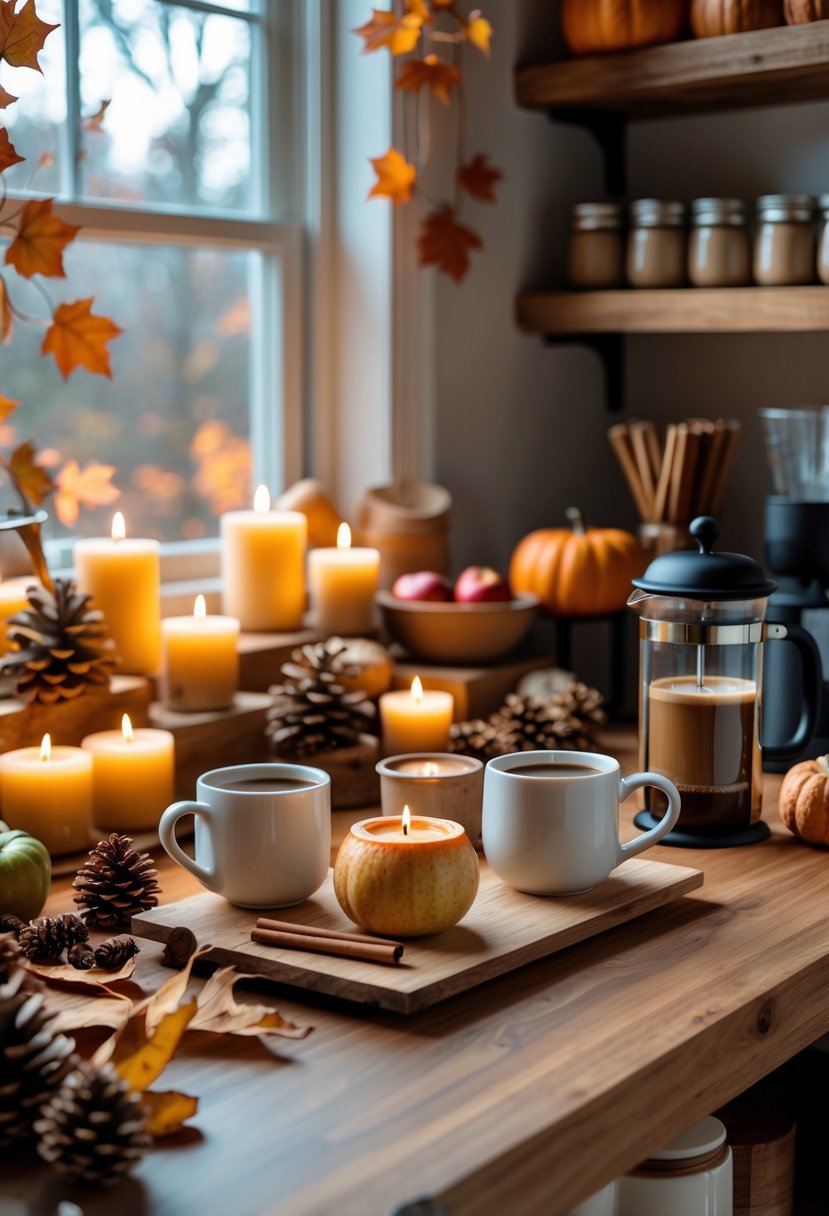 22 Cozy Fall Coffee Bar Ideas To Warm Up Your Home 21 Cozy fall coffee bar with lit cinnamon and apple scented candles, coffee mugs, apples, cinnamon sticks, and autumn decorations on a wooden countertop.