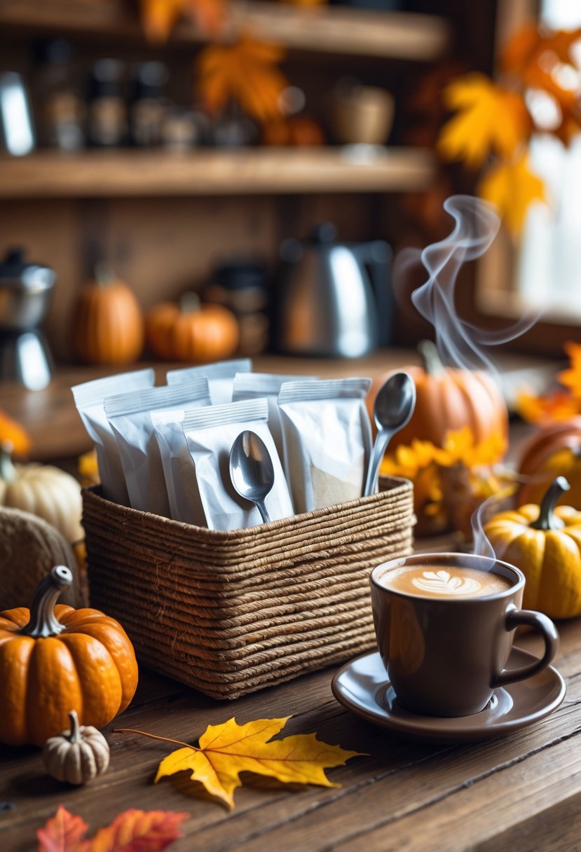 22 Cozy Fall Coffee Bar Ideas To Warm Up Your Home 22 A cozy fall coffee bar with a small basket holding sugar packets and spoons on a wooden countertop, surrounded by pumpkins, fall leaves, and a cup of coffee.