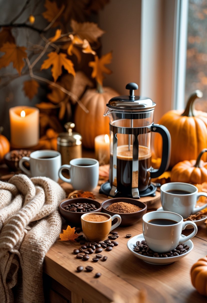 22 Cozy Fall Coffee Bar Ideas To Warm Up Your Home 23 A cozy coffee bar setup with coffee mugs, a French press, autumn decorations, and a soft throw blanket nearby.