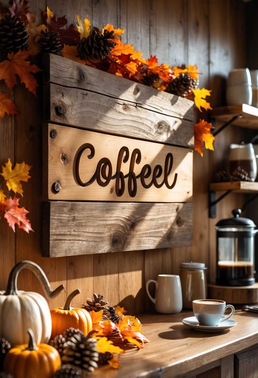 22 Cozy Fall Coffee Bar Ideas To Warm Up Your Home 24 A rustic wooden sign on a wooden wall surrounded by fall decorations and a steaming cup of coffee on a wooden countertop.