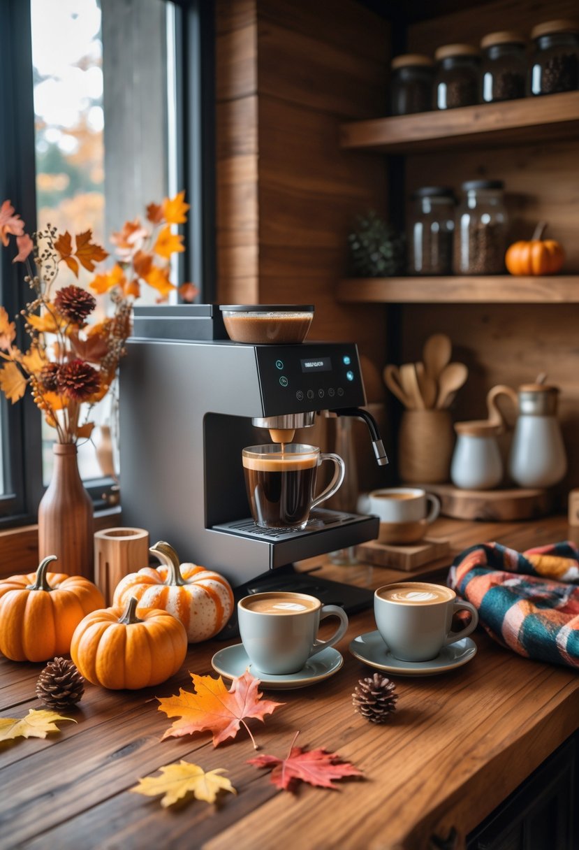 22 Cozy Fall Coffee Bar Ideas To Warm Up Your Home 25 A cozy indoor fall coffee bar with a wooden countertop, coffee machine, steaming mugs, pumpkins, autumn leaves, and warm natural lighting.