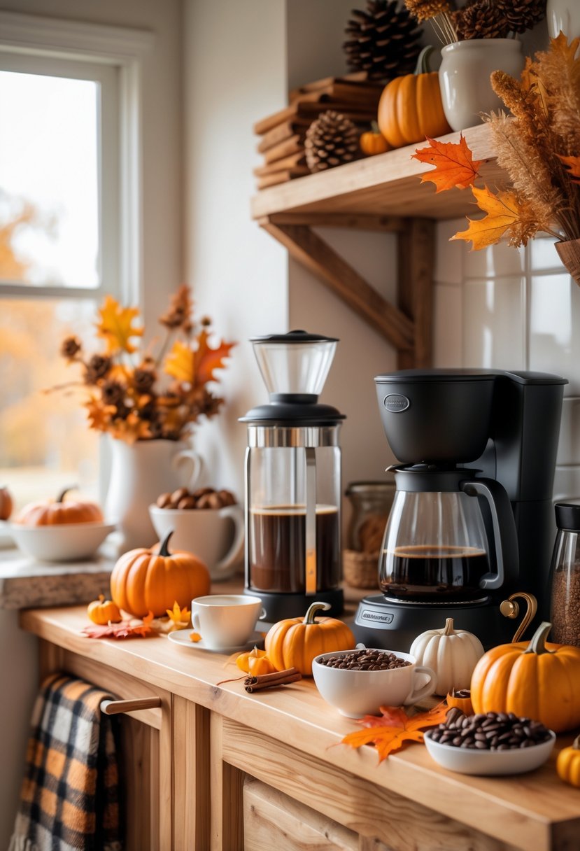 22 Cozy Fall Coffee Bar Ideas To Warm Up Your Home 26 A cozy fall coffee bar with pumpkins, coffee mugs, coffee maker, and autumn decorations on a wooden countertop.