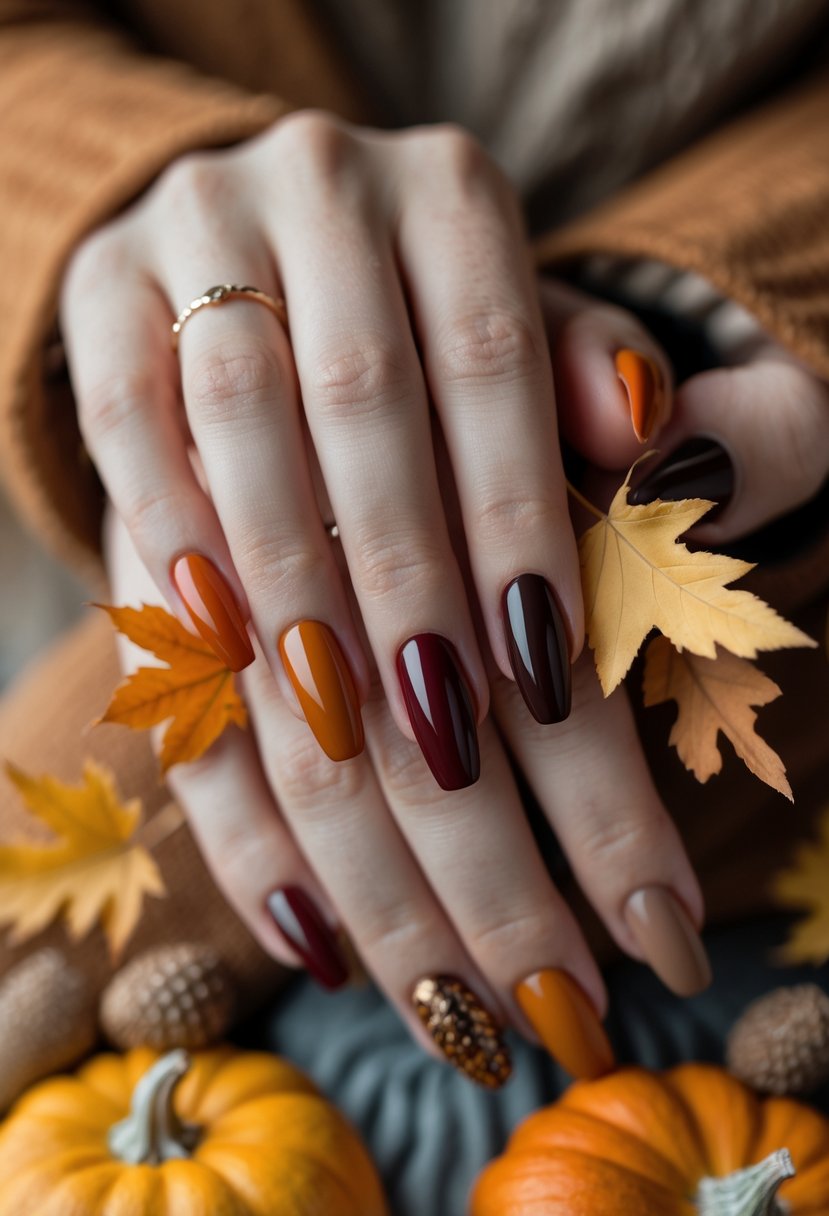Close-up of hands with autumn-colored manicured nails holding fall leaves and small pumpkins.