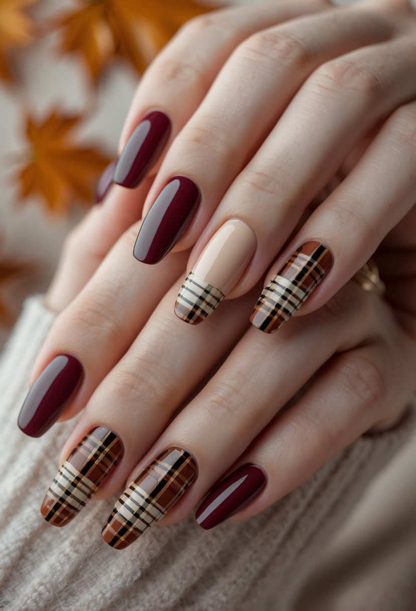 Close-up of hands with plaid accent nails in warm autumn colors against a neutral background.