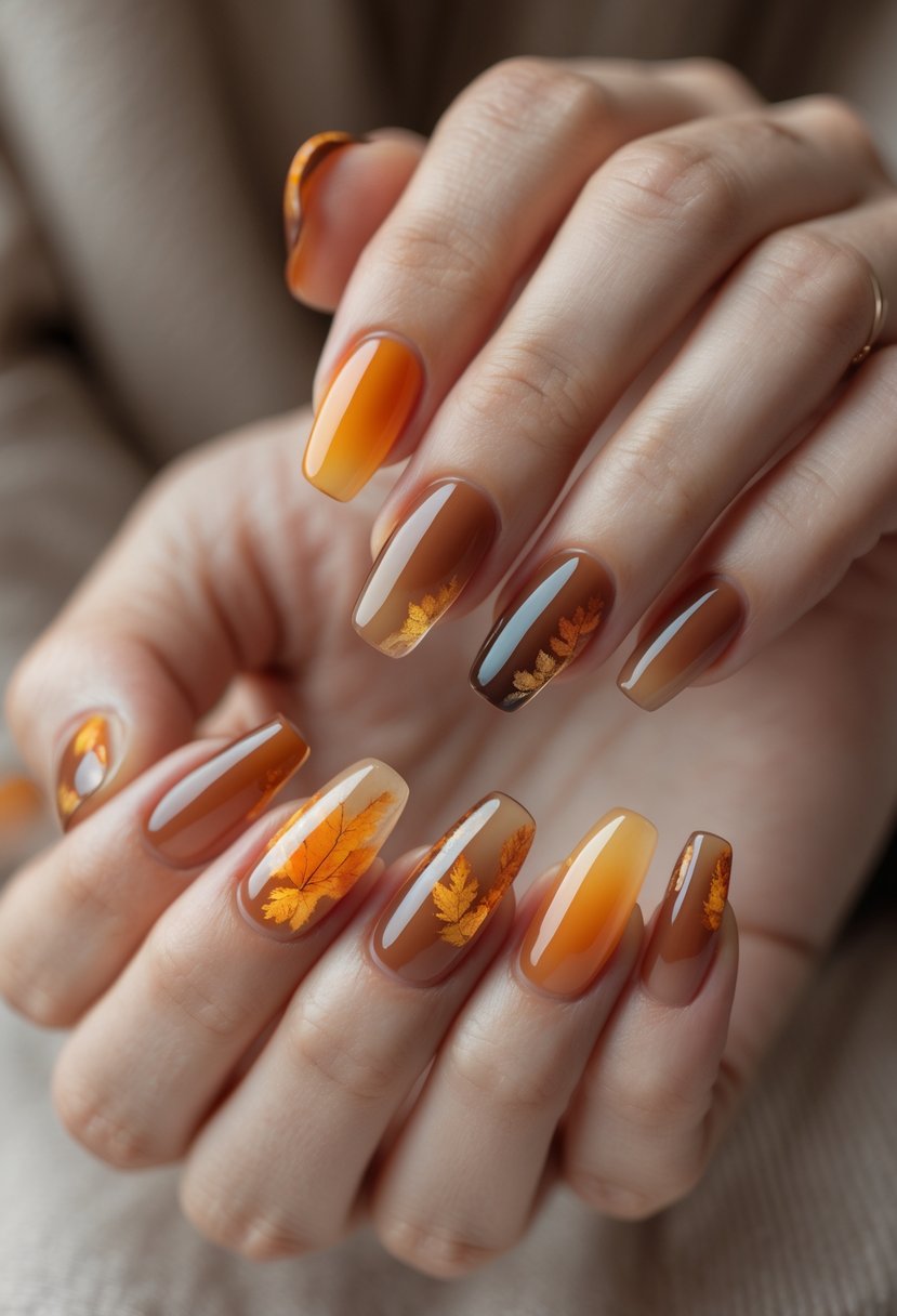 Close-up of hands with translucent jelly finish nails in warm autumn colors.
