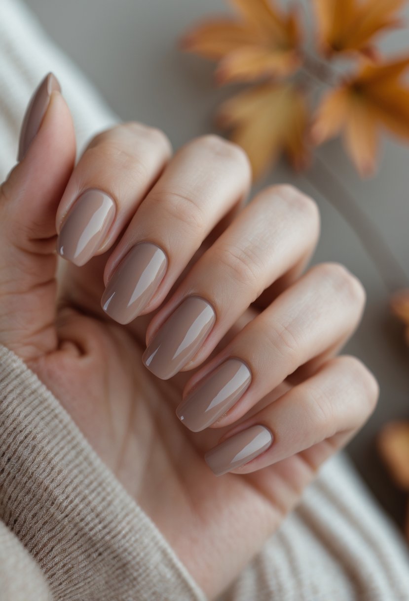Close-up of a woman's hands with warm taupe colored nails gently intertwined against a soft, neutral background.