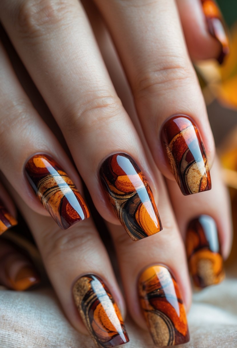 Close-up of hands with autumn-colored nails featuring intricate abstract patterns.