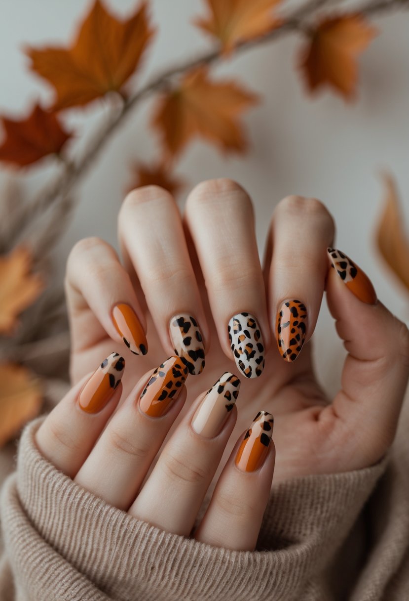 Close-up of a woman's hands with autumn-colored nails featuring animal print designs.