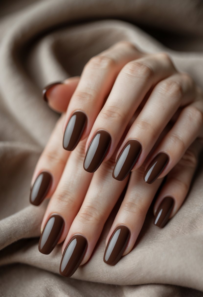 Close-up of a woman's hand with rich chocolate brown polished nails resting on a soft fabric background.