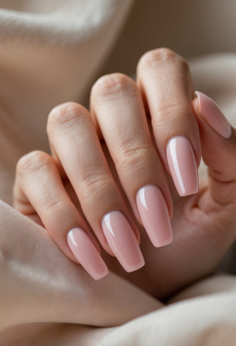 Close-up of a woman's hand with semi-transparent rose-colored nails resting on a neutral background.