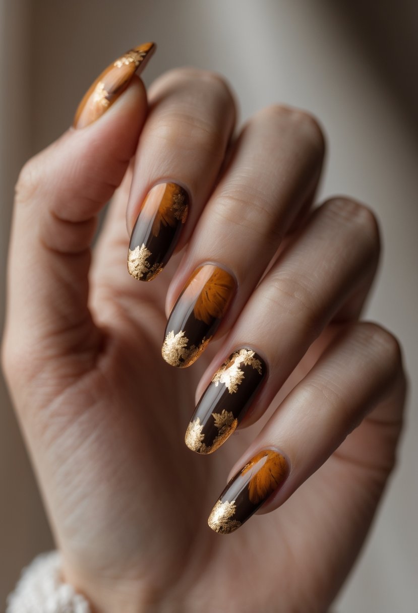 Close-up of a hand with autumn-colored nails featuring gold foil accents.