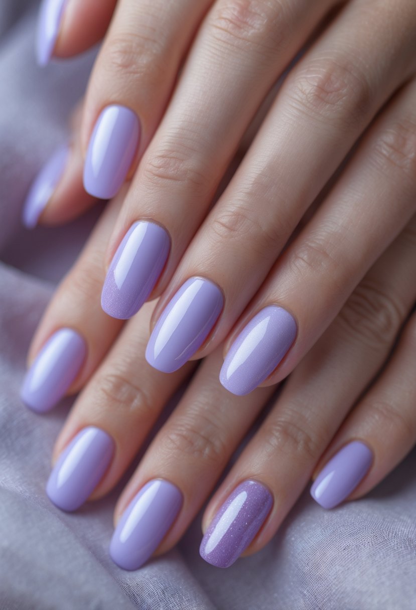 Close-up of hands with soft lavender-colored manicured nails resting on a neutral background.