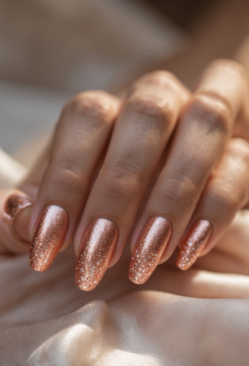 A hand with copper glitter gradient nails resting on a neutral background.