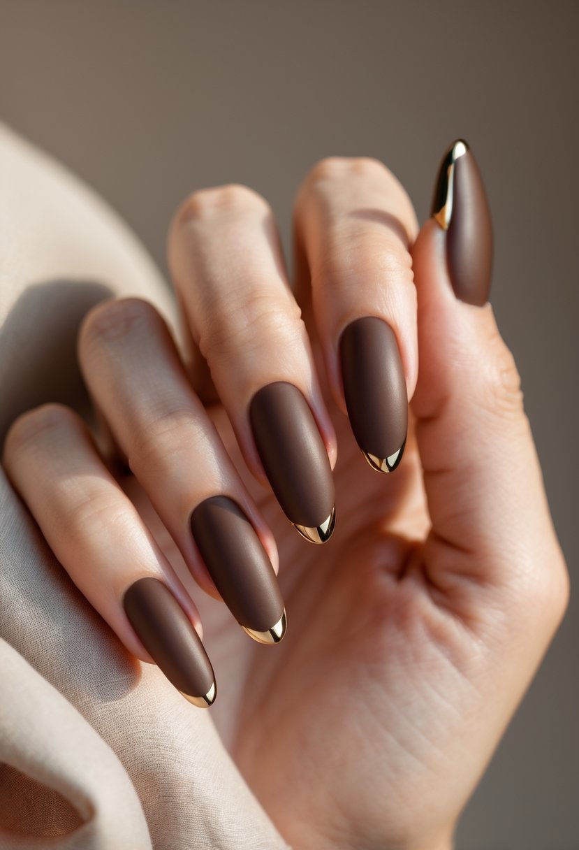 Close-up of a hand with medium-length almond-shaped nails painted matte chocolate brown with shiny tips.