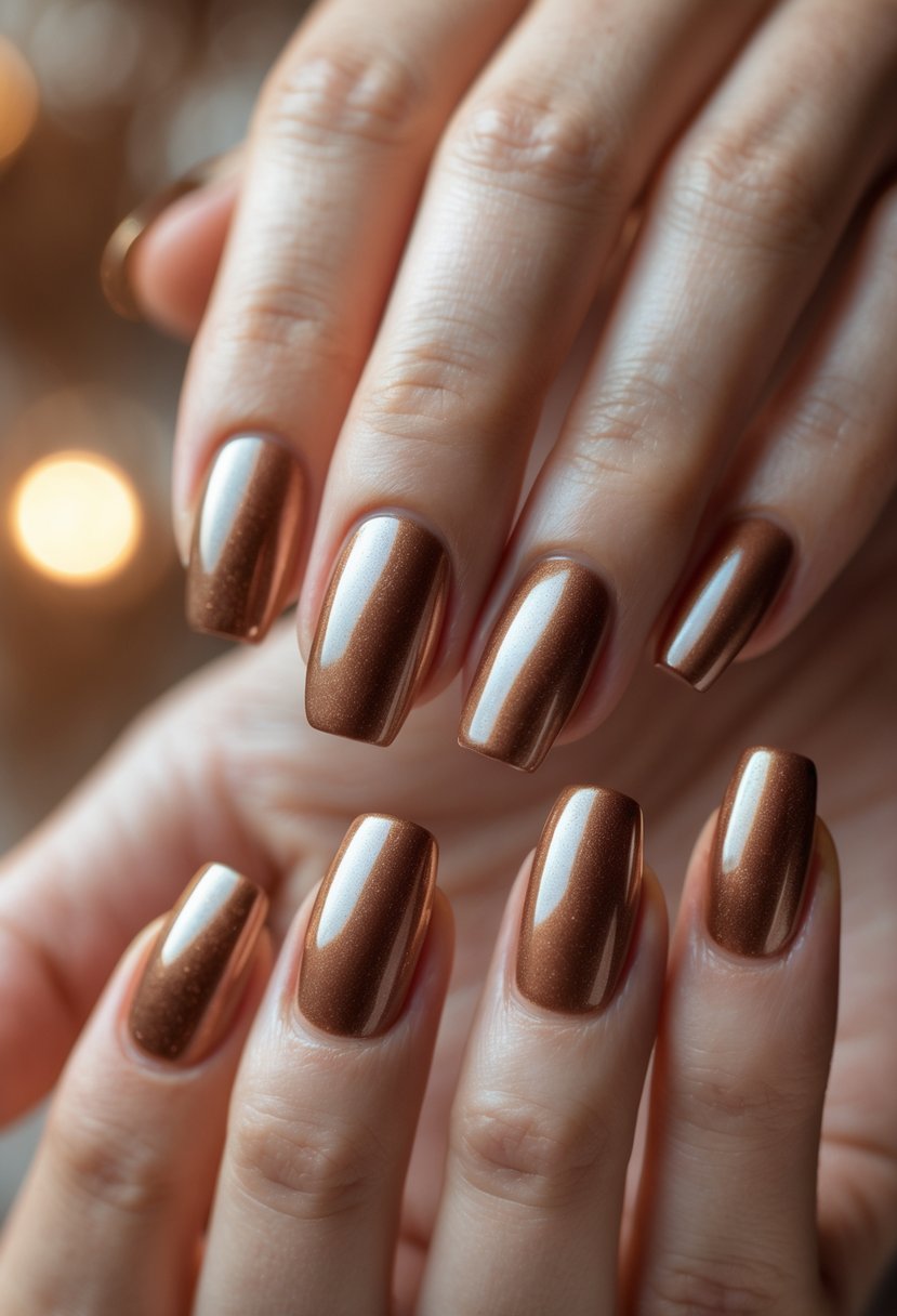 Close-up of a woman's hands with shiny bronze-colored nails against a soft, neutral background.