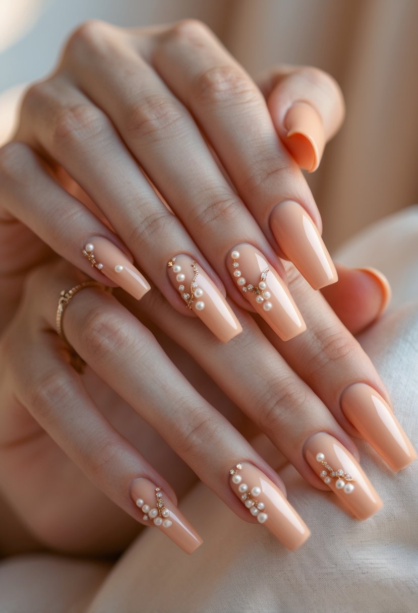 Close-up of hands with peach-colored nails decorated with small pearls.
