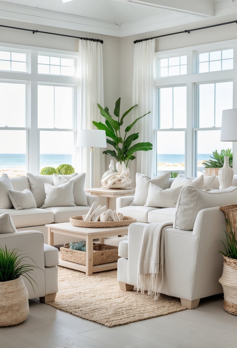 A bright living room with white and beige furniture, natural light, coastal decor accents, and plants.