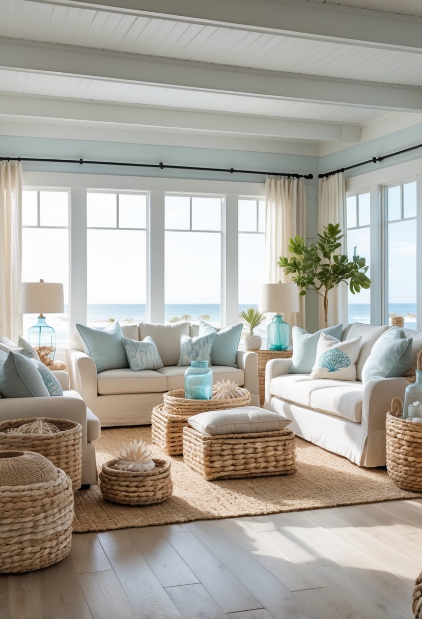 A bright living room with woven baskets, a jute rug, light furniture, and coastal decor elements like seashells and driftwood.