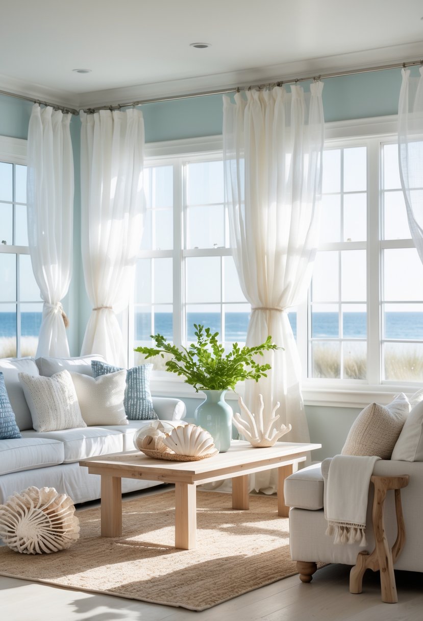 A bright living room with large windows covered by sheer white curtains, natural light filling the space, and coastal-themed furnishings including a sofa, coffee table, and decorative accents.