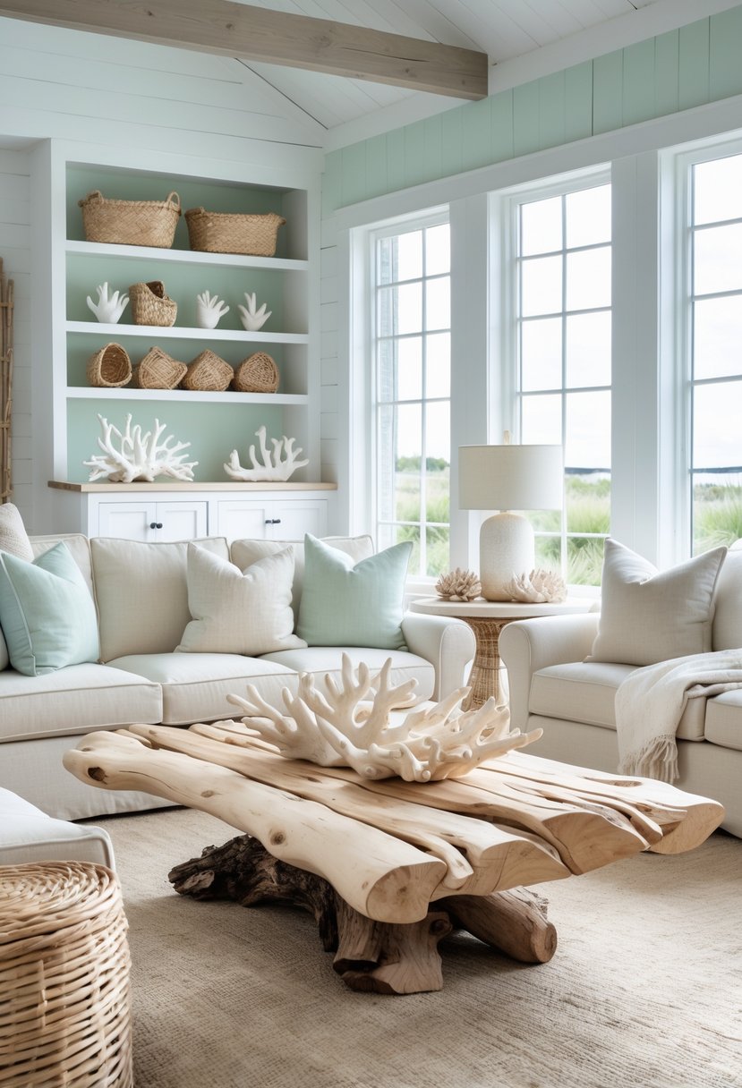 A bright coastal living room with a driftwood coffee table, comfortable seating, and natural decor elements.
