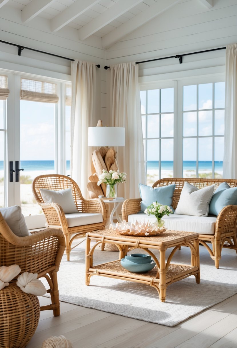 A bright living room with wicker furniture, light cushions, a coffee table, natural light, and coastal decor elements.