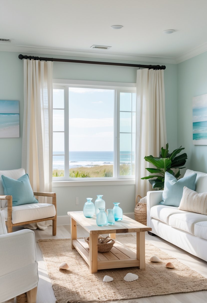 A coastal living room with a white sofa, light blue pillows, wooden coffee table decorated with sea glass and shells, large windows with light curtains, and plants.