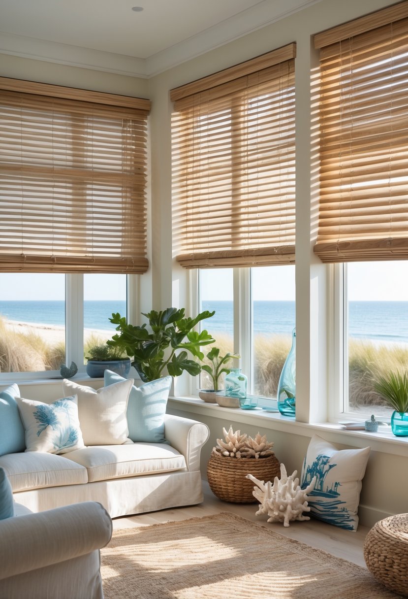 A coastal living room with wooden blinds filtering sunlight, a white sofa, plants, and beach-inspired decor.