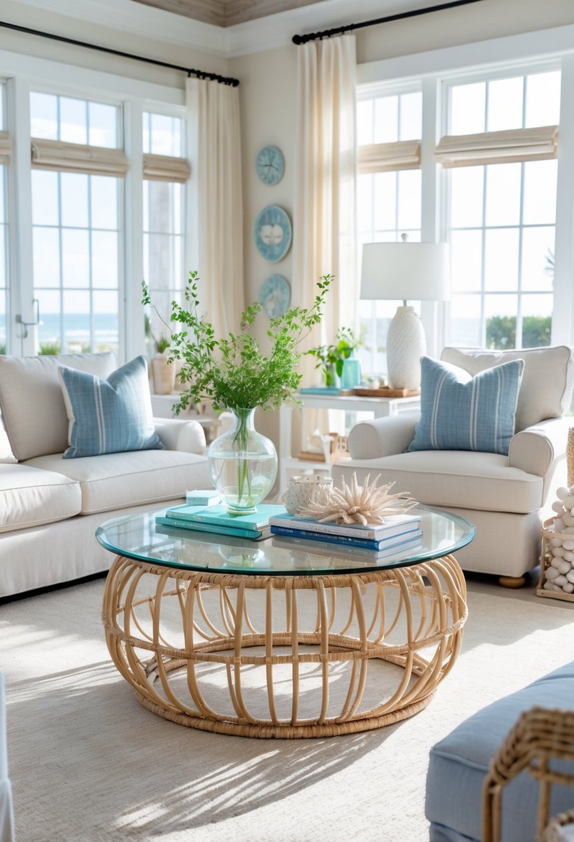 A bright living room with a round glass coffee table with a woven rattan base surrounded by sofas and natural light.