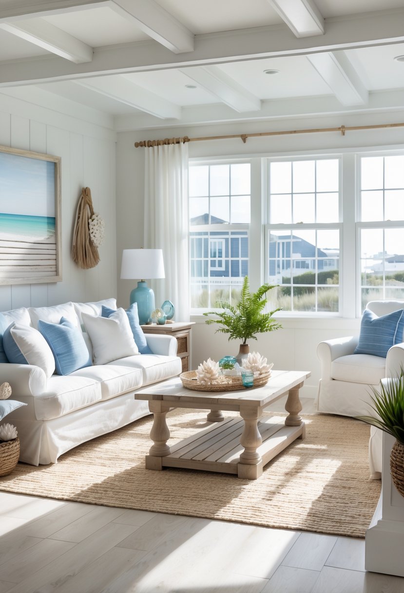 A bright living room with light hardwood floors, a white sofa, wooden coffee table, and coastal decor including seashells and plants.