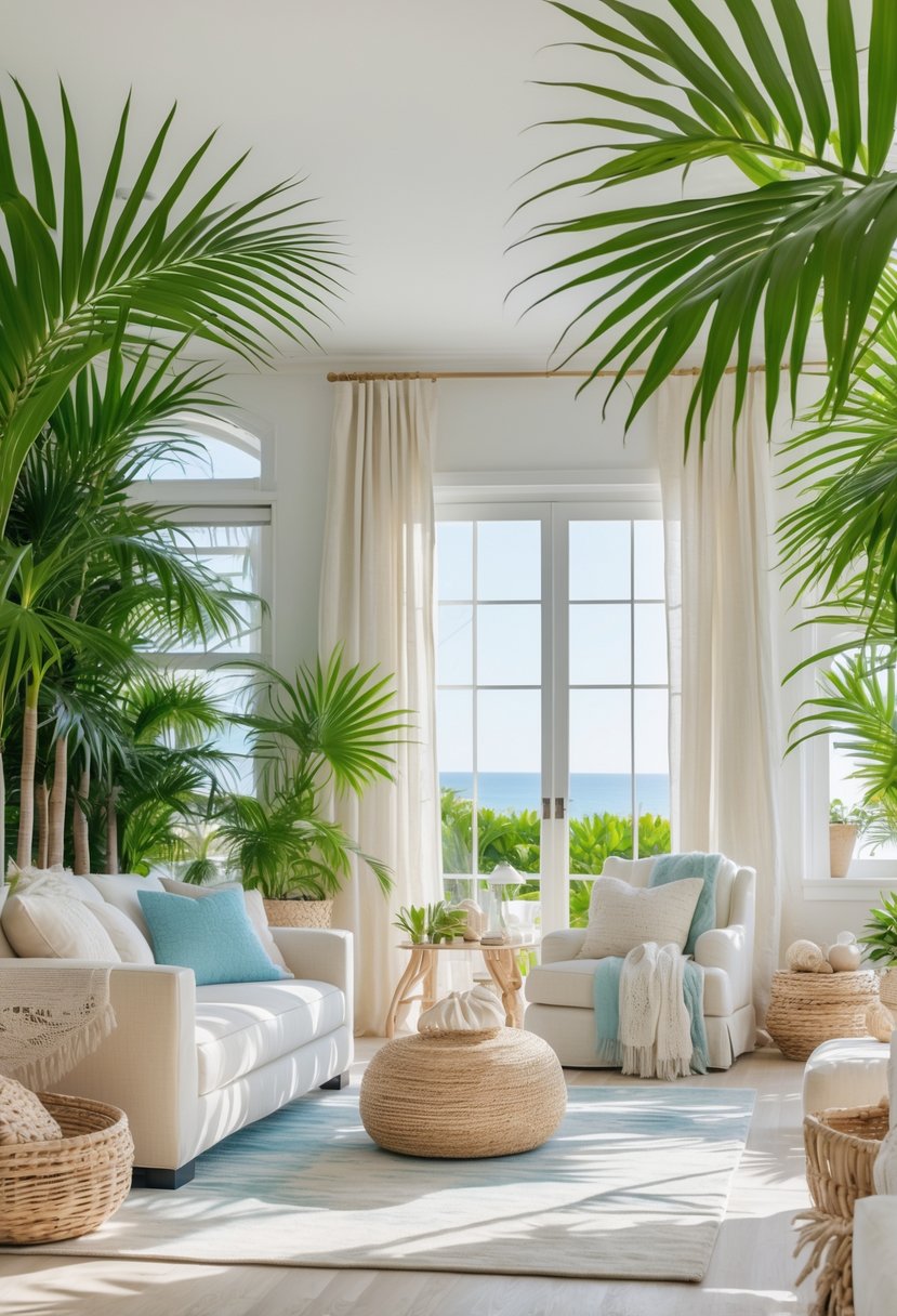 A bright coastal living room with indoor palm plants, light-colored furniture, and natural sunlight coming through large windows.