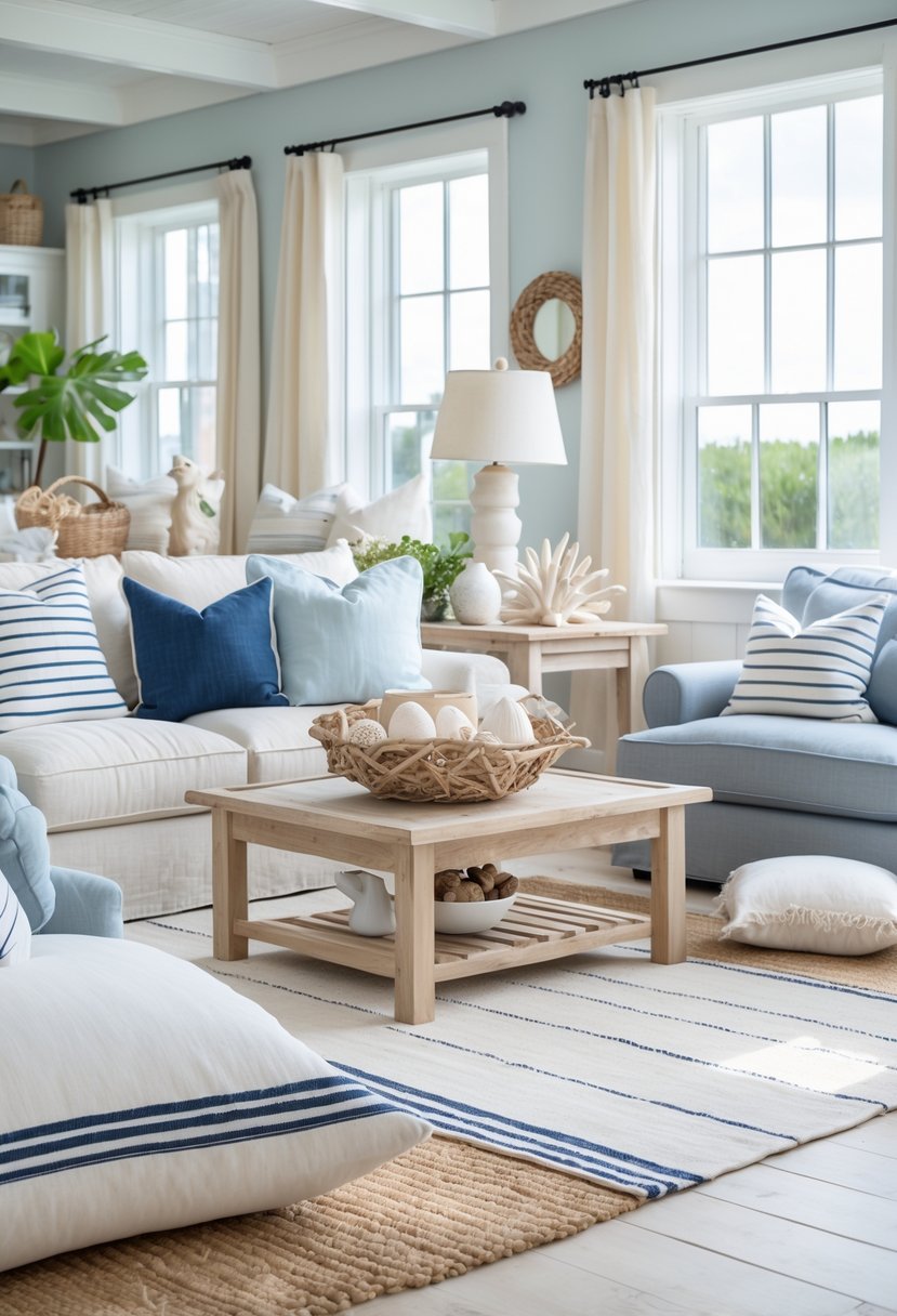 A coastal living room with a sofa, cushions, a striped rug, wooden coffee table, and natural light coming through large windows.