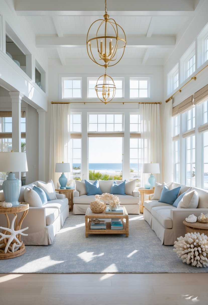 A bright living room with white walls, large windows, comfortable seating, and white and gold light fixtures.