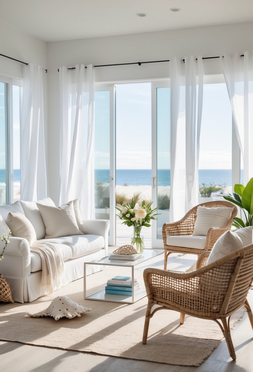 A bright living room with large windows, white sofa, rattan chairs, natural decor, and a view of the ocean outside.
