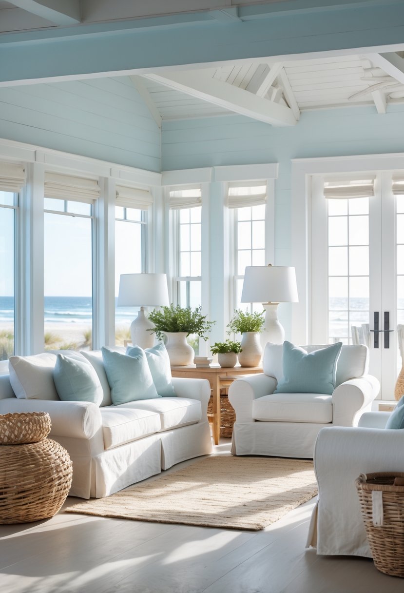 A living room with white slipcovered sofas and chairs, natural wood furniture, and sunlight coming through large windows.