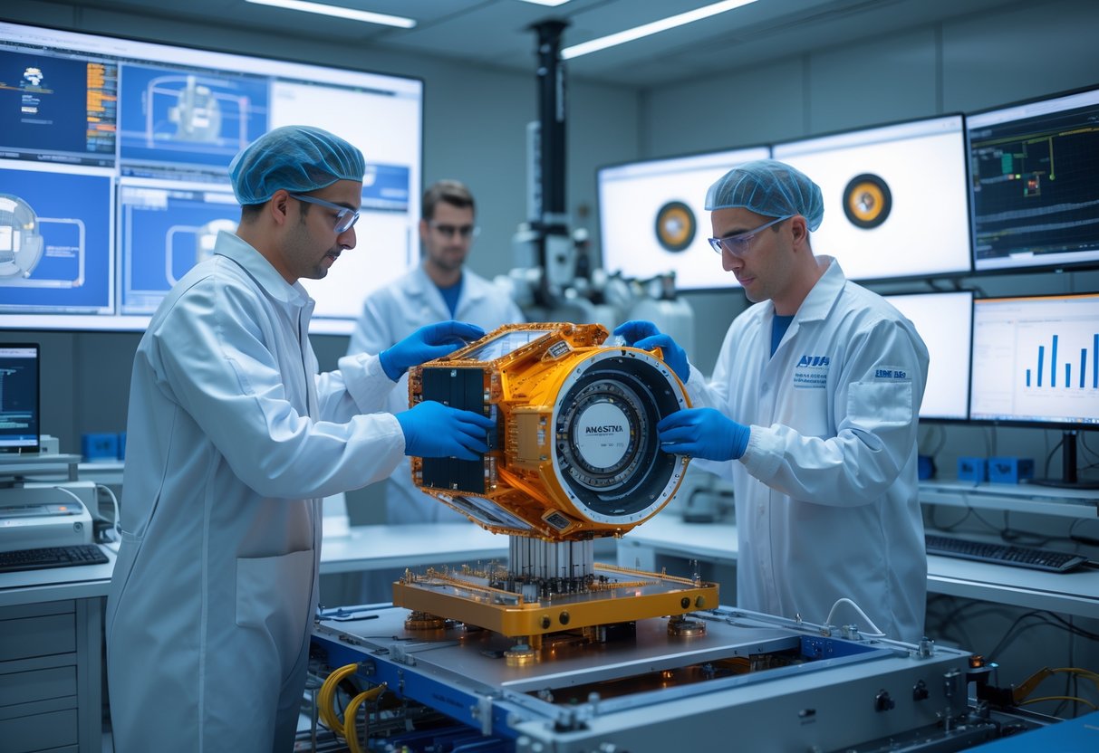 Engineers in cleanroom suits working on a spacecraft payload module in a high-tech aerospace lab.